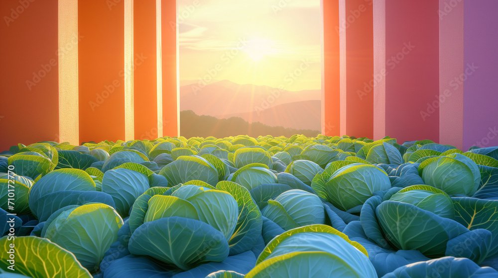 Illustration of cabbage fields between walls, minimal food concept - obrazy, fototapety, plakaty 