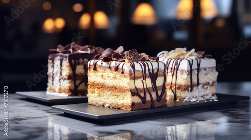 Three different layered frosted slices of cakes close up on the table in a cafe or patisserie, blurred background