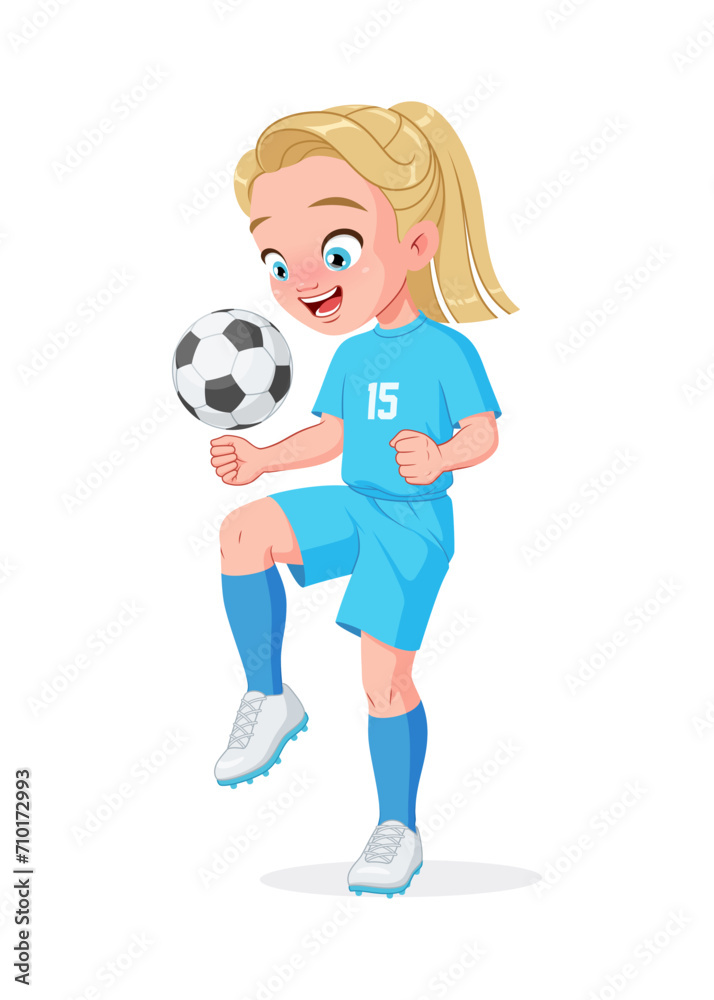 Little girl football player in blue uniform kicking soccer ball with knee. Isolated vector illustration