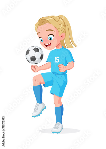 Little girl football player in blue uniform kicking soccer ball with knee. Isolated vector illustration