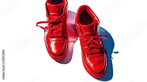 Red sports shoe with flying laces on white background photo