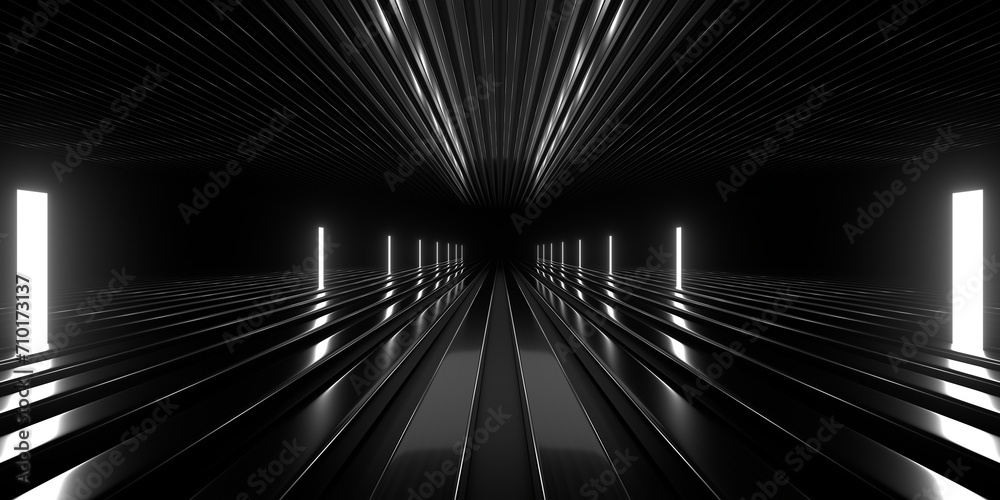Fototapeta premium Sci Fi neon glowing lines in a dark tunnel. Reflections on the floor and ceiling. Empty background in the center. 3d rendering image. Abstract glowing lines. Technology futuristic background.
