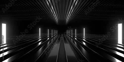 Sci Fi neon glowing lines in a dark tunnel. Reflections on the floor and ceiling. Empty background in the center. 3d rendering image. Abstract glowing lines. Technology futuristic background. photo