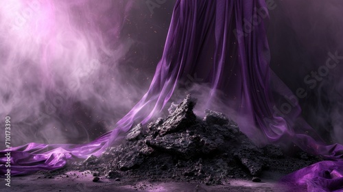 Smoldering Ash Pile with Purple Cloth for Ash Wednesday. Artistic rendering of a smoldering ash pile, symbolic for Ash Wednesday, with a purple cloth draped in the background