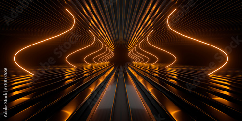 Fototapeta Naklejka Na Ścianę i Meble -  Sci Fi neon glowing lines in a dark tunnel. Reflections on the floor and ceiling. Empty background in the center. 3d rendering image. Abstract glowing lines. Technology futuristic background.