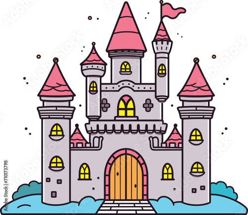 Colorful fairytale castle with pink turrets on a white background. Fantasy kingdom architecture for children's tales vector illustration.