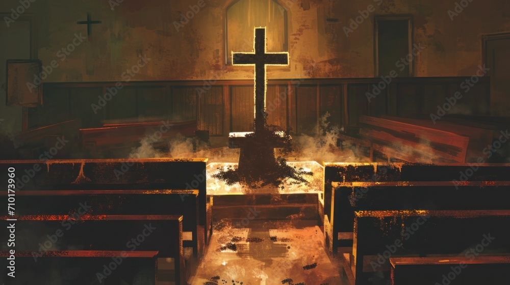 Illustration of an Ash Wednesday scene with a cross made of ashes on an altar, empty church pews in the background, somber and reflective ambiance
