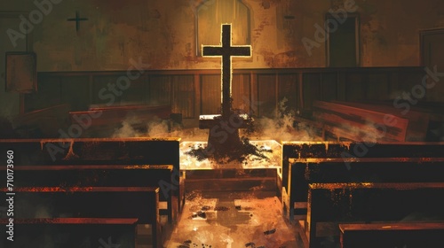Illustration of an Ash Wednesday scene with a cross made of ashes on an altar, empty church pews in the background, somber and reflective ambiance