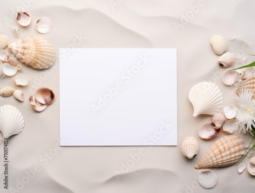 Blank Paper Surrounded by Seashells and Flowers