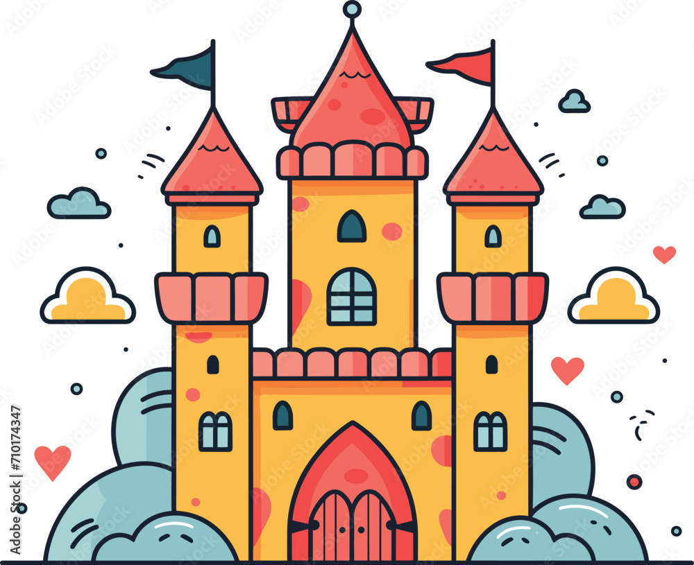 Colorful cartoon castle with red roofs on a sunny day. Fairytale castle with flags vector illustration.