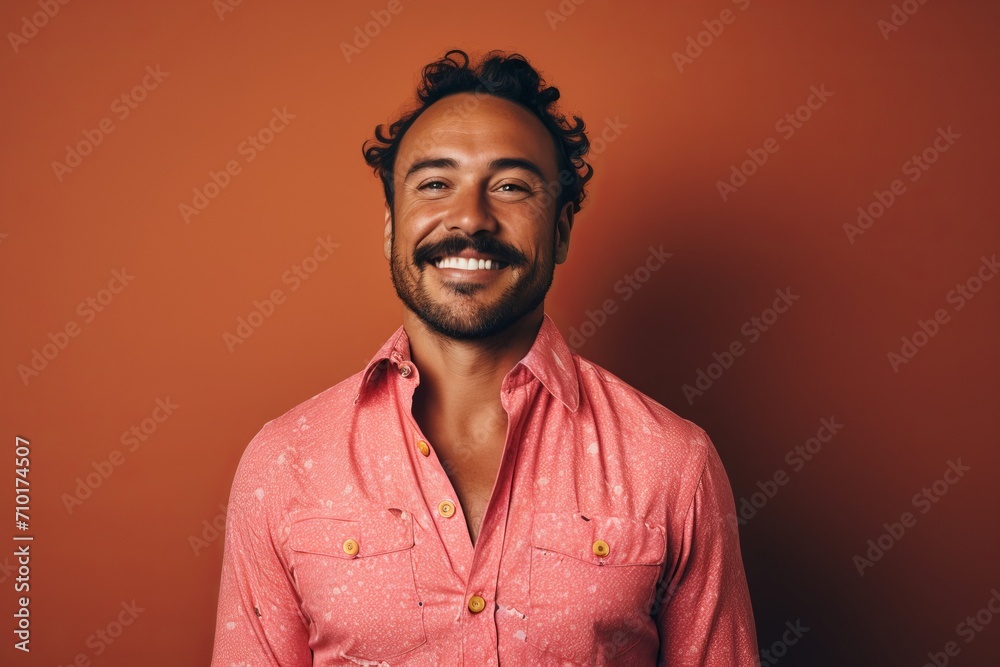 Portrait of a smiling young man in a pink shirt on a red background. Portrait of a smiling young man in a pink shirt on a red background.