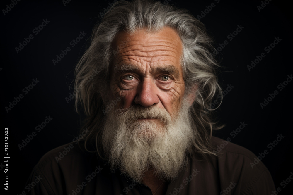 Studio portrait photograph of a old man who has seen the world. black background. dark stylo. dramatic lighting. chiaroscuro. concept of decline, sadness, loneliness. without smile. Studio portrait photograph of a old man who has seen the world. black background. dark stylo. dramatic lighting. chiaroscuro. concept of decline, sadness, loneliness. without smile.