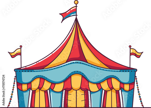 Colorful circus tent with flags and decorative elements. Vibrant carnival marquee for events, entertainment. Fairground attraction vector illustration.