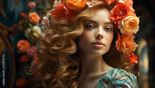 Young woman with blond hair and flower decoration generated by AI