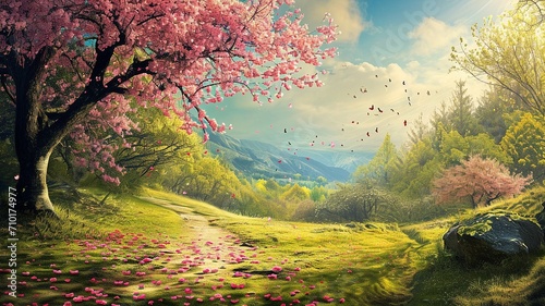 Spring landscape. Fresh foliage, grass. Nature comes to life. spring background for the product #710174977
