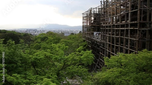 Japan aerial view of Kyoto Kiyomizudera Temple main hall and Kyoto cityscape. The main hall will be covered up from February 2017 to March 2020 for the renovation of its roof. photo