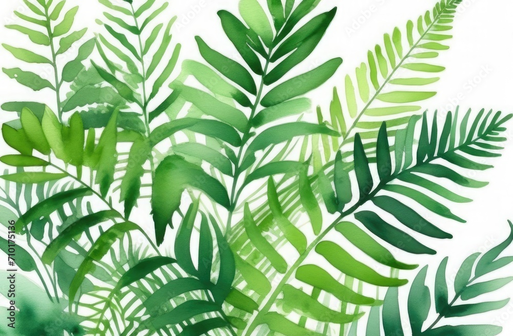 Watercolor fern fronds in a lush and green arrangement, free space for text, St. Patrick's Day Watercolor fern fronds in a lush and green arrangement, free space for text, St. Patrick's Day