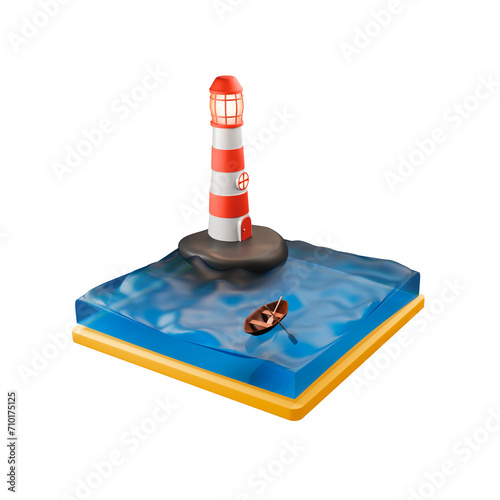 Miniature scene of a lighthouse on a rock in the sea and an empty wooden boat, isolate on a white background, 3D render.