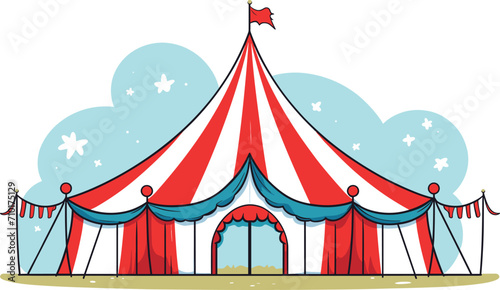 Red and white striped circus tent with blue trim and flag on top. Festive carnival marquee against blue sky. Entertainment and amusement park theme vector illustration.