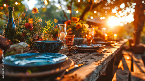 Table set for a romantic dinner in the garden at sunset. Selective focus.