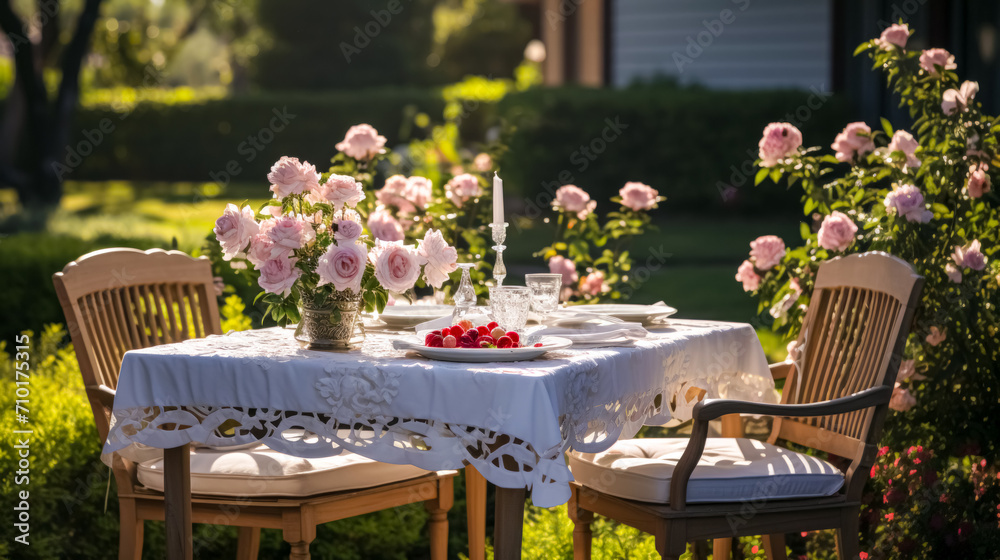 Outdoor table setting with flowers in summer garden. Table with tablecloth and crockery. Outdoor table setting with flowers in summer garden. Table with tablecloth and crockery.