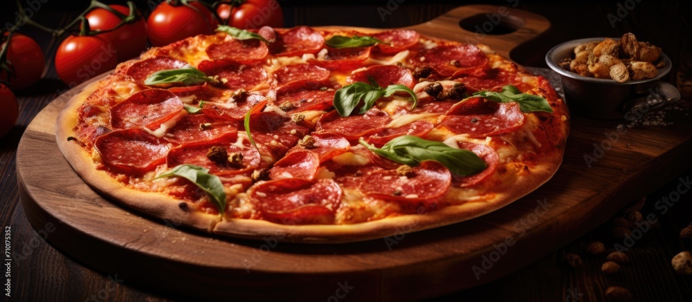 Pizza served in a restaurant, American-style. Pizza served in a restaurant, American-style.