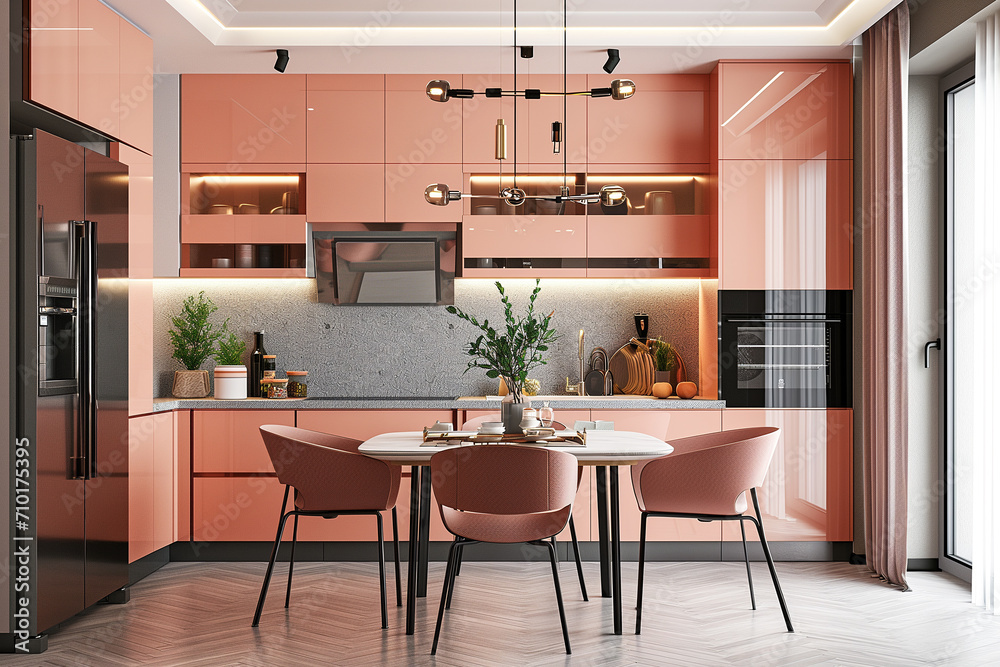 Luxury modern kitchen interior with peach fuzz color space design. - obrazy, fototapety, plakaty 