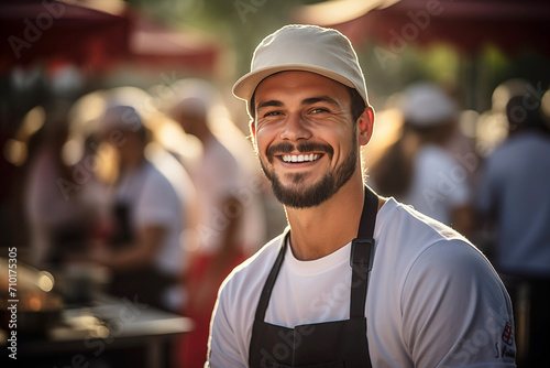 Smiling Man in Chef's Hat Enjoying Barbecue Street and Park Time Holiday