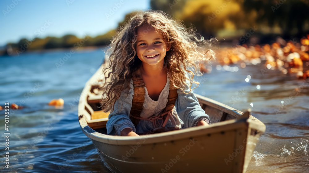 Beautiful young girl in a boat on the river in autumn.