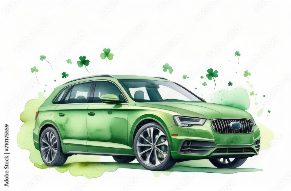 Watercolor green modern car with clover, free space for text, background illustration for St. Patrick's Day Watercolor green modern car with clover, free space for text, background illustration for St. Patrick's Day