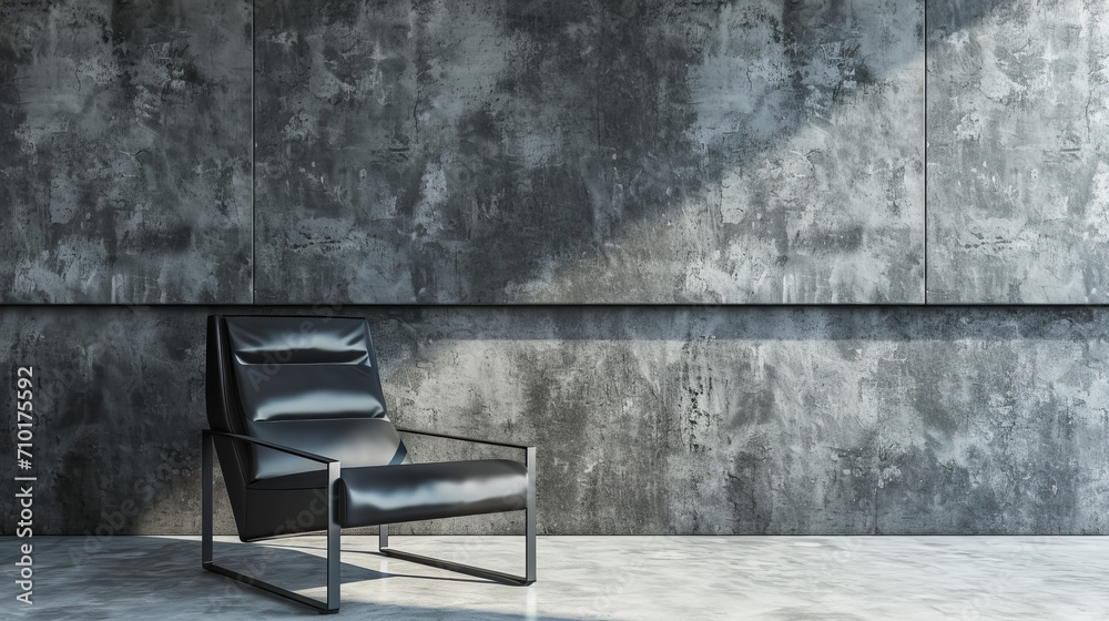 luxury black leather designer chair in an empty room with raw, concrete walls luxury black leather designer chair in an empty room with raw, concrete walls