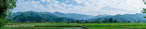 Japanese countryside landscape with green fields and mountains