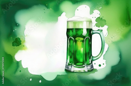 Watercolor background with two green beer mugs, free space for text, background illustration for St. Patrick's Day