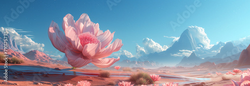 3d surreal landscape with big flower, candy style photo