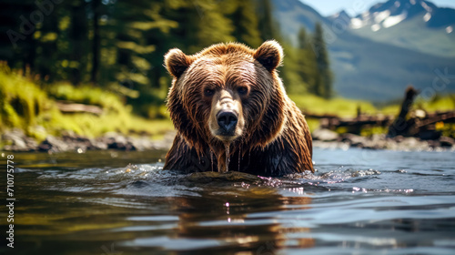 Brown bear swims in a mountain river. 