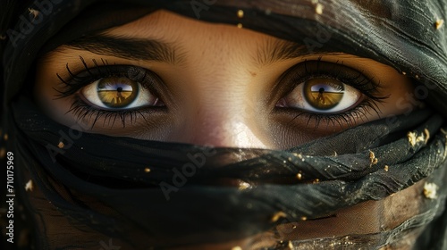 Extreme close-up of an Arabian woman's eyes veiled in black
