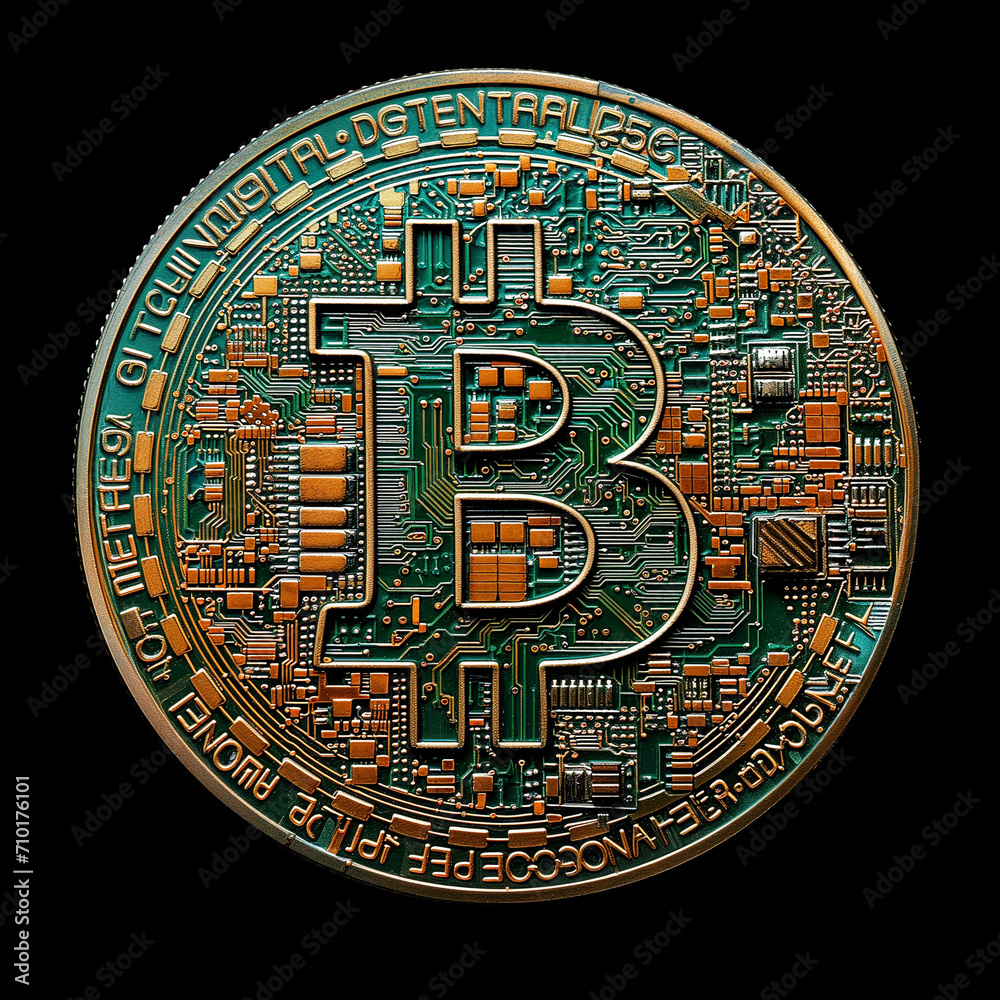 Bitcoin Concept, Golden Coin on a circuit board. 3D illustration