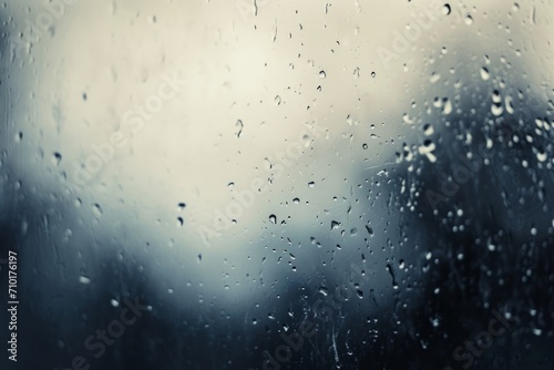 raindrops on a window with a blurred background in cool tones.
