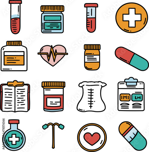 Set of colorful medical icons including test tubes, medication jars, pulse, first aid. Healthcare, medical treatment, and pharmacy vector illustration.