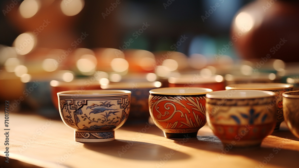 Tazas té tradicionales chinas de colores - obrazy, fototapety, plakaty 