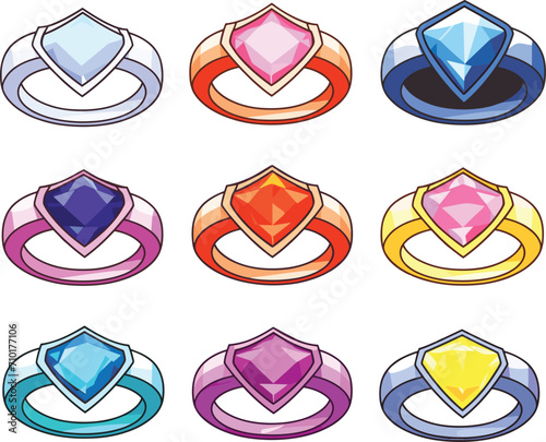 Collection of nine colorful gemstone rings, various colors, shield-shaped jewels cartoon. Different ring bands, diamond luxury engagement fashion vector illustration.