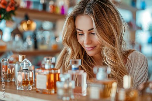 Contemplative Woman Amidst an Array of Perfumes