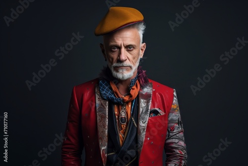 Portrait of a handsome senior man with gray beard wearing a red jacket and beret.
