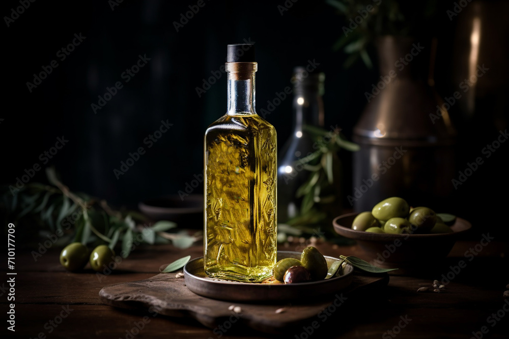 Olives, olive oil and leaves. Generative AI. Olives, olive oil and leaves. Generative AI.