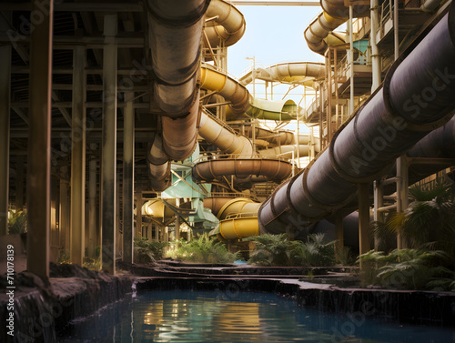 A thrilling journey awaits at the water park as you slide through the industrial-inspired pipeline transport, surrounded by lush green plants and a grand factory building, ending with a refreshing sp photo