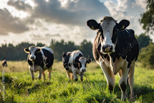 Curious cows in green Dutch pasture. photo