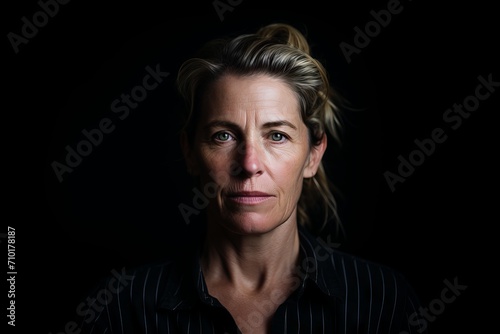 Portrait of middle-aged woman looking at camera on black background
