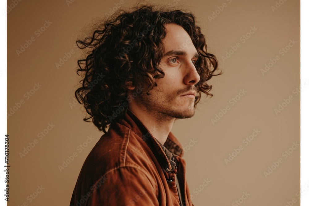 Obraz premium Stylish man with curly hair poses confidently.