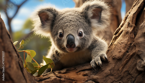 Cute koala sitting on tree branch, looking fluffy generated by AI