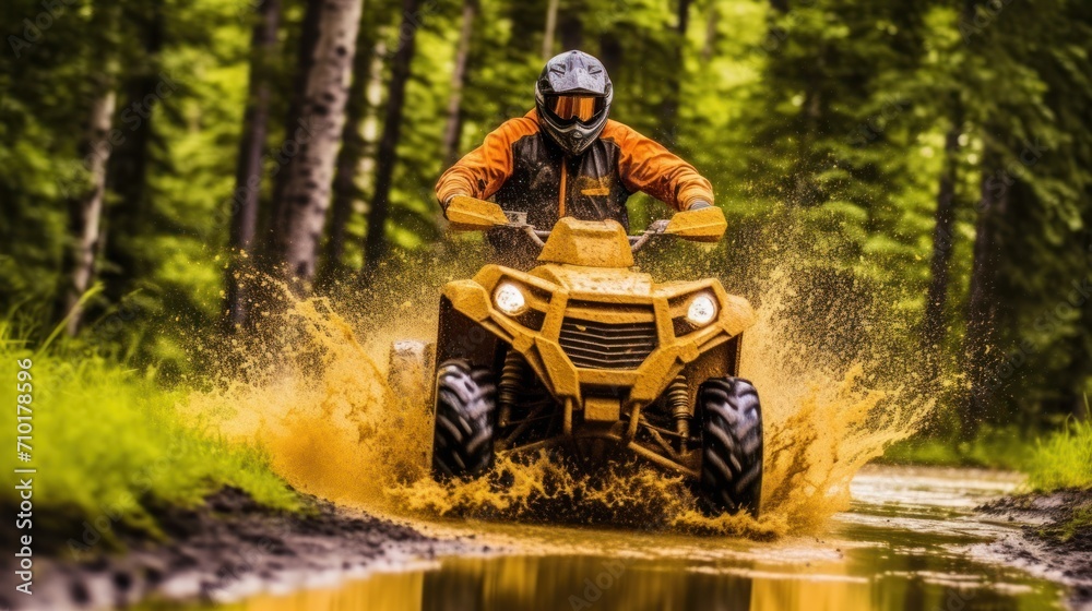 ATV in action splashing water motion blur at trail forest , ATV in action splashing water motion blur at trail forest ,